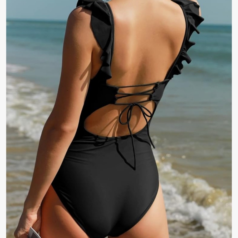 NWT Black Ruffled One Piece Swimsuit Lace up Tummy Control Swimsuit Medium